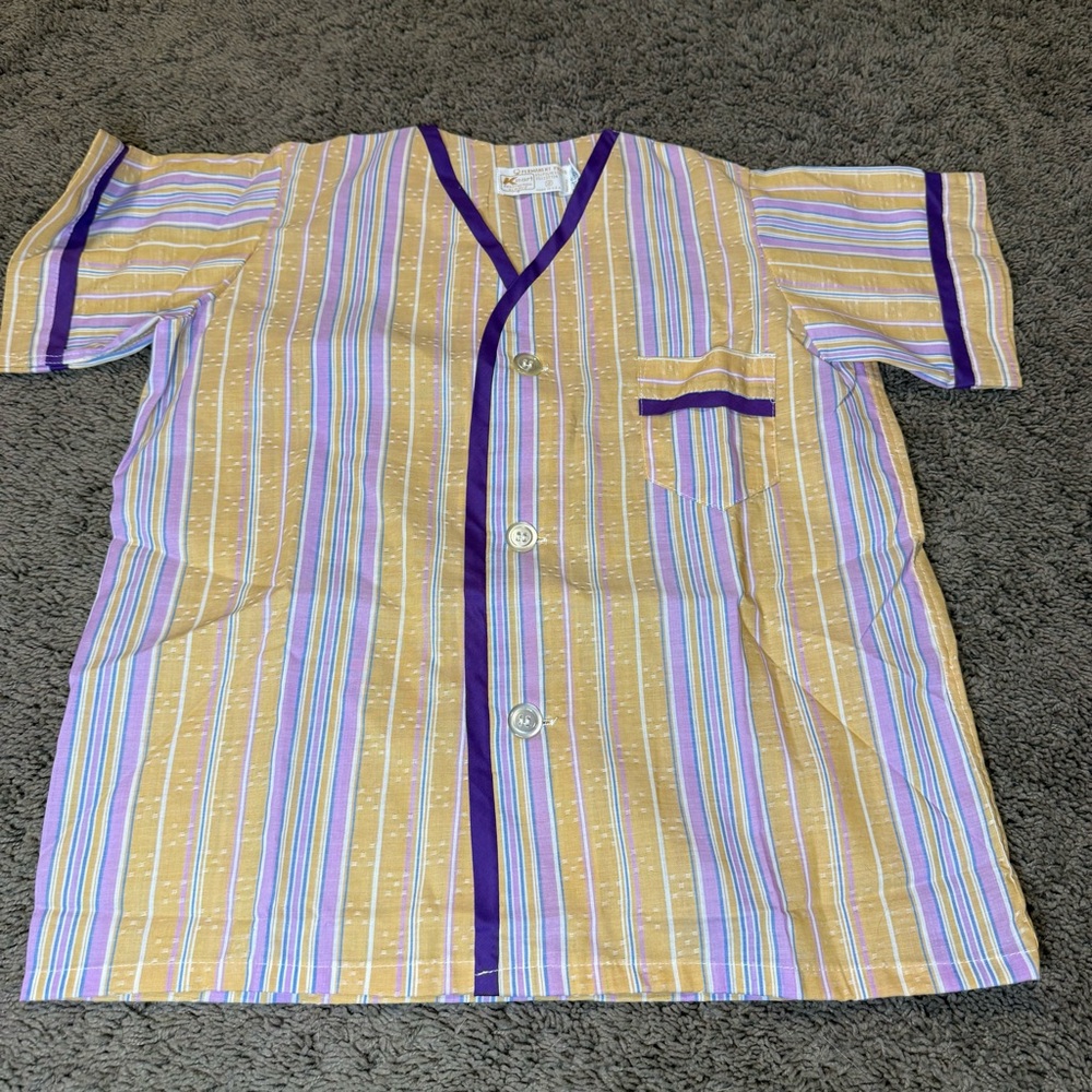 Vintage shirt striped Short Sleeve Button Up Blouse scrub top SL 2